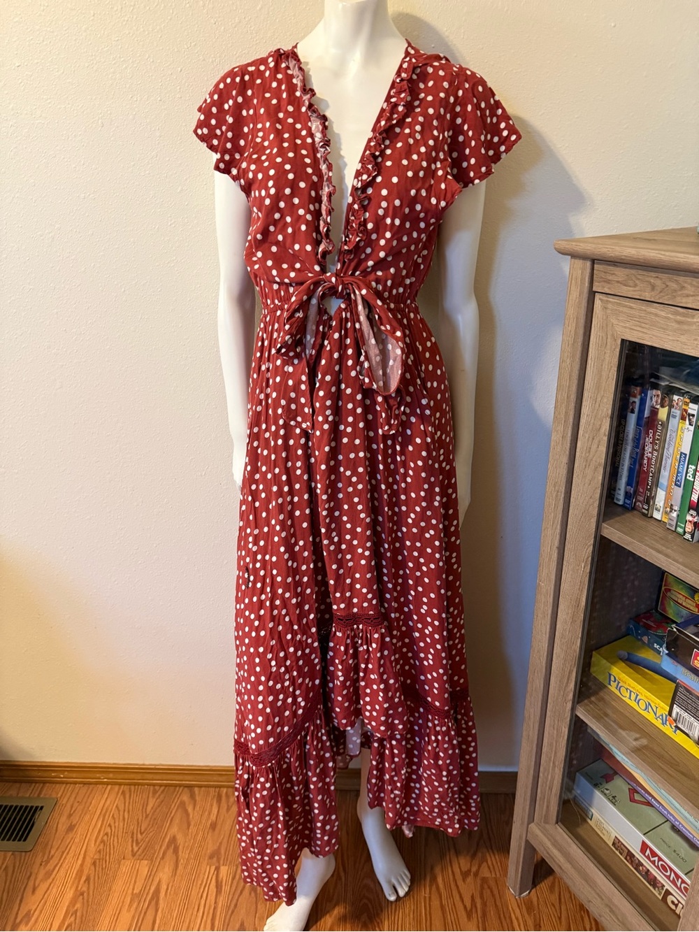 Red Polka Dot Tie-Front Maxi Dress